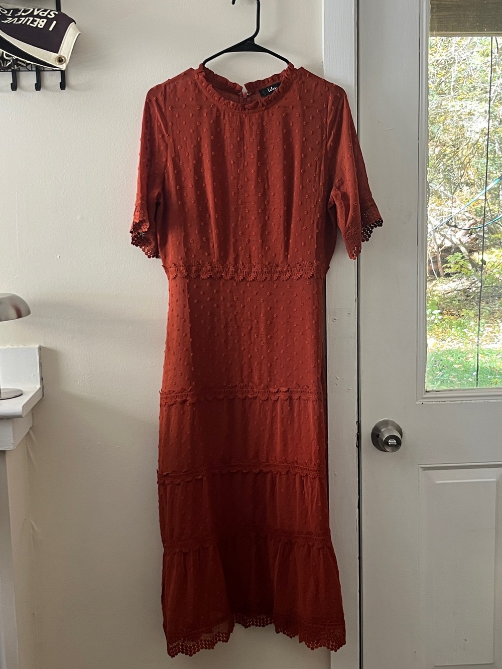 Lulus Rust Orange Swiss dot Midi Dress Size M